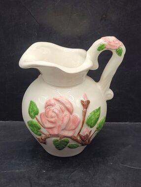 Vintage Hand Painted Ceramic Creamer Pink Rose Floral Pitcher Embossed